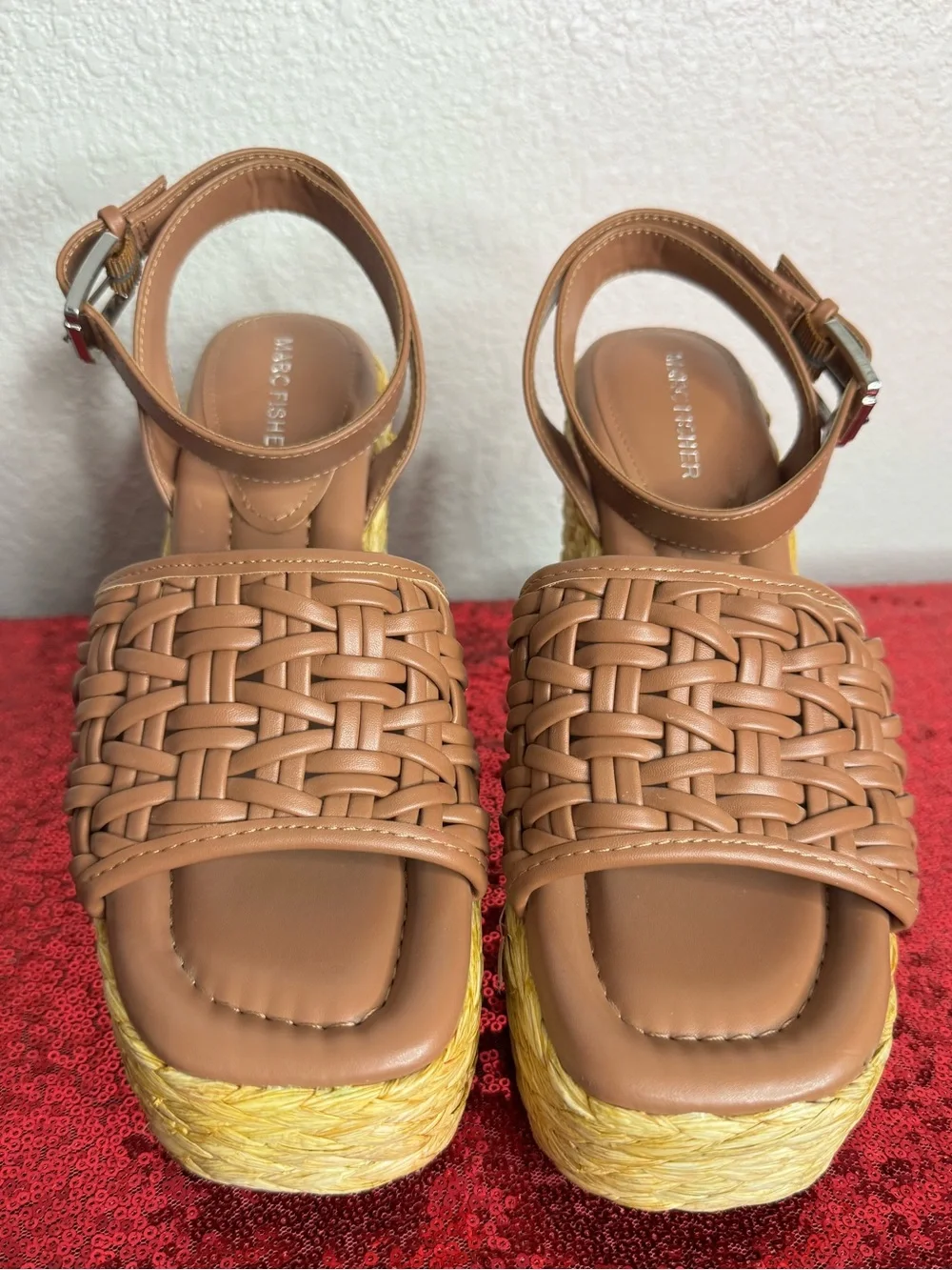 MARCH FISHER 🤎 Tan Woven Leather Espadrille Wedge Sandals (Women’s 8.5)
